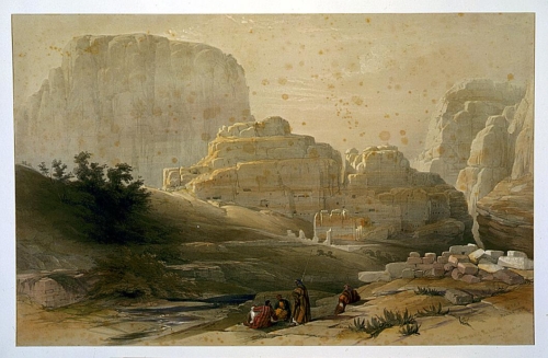 Lower end of the valley showing the Acropolis Petra March 9th 1839