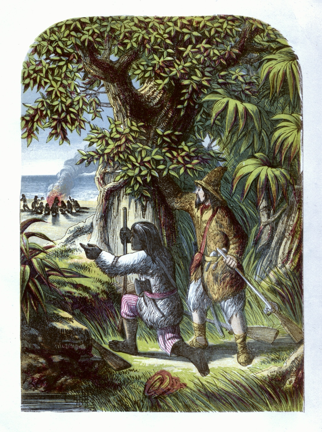 Robinson Crusoe and Friday attacking the savages