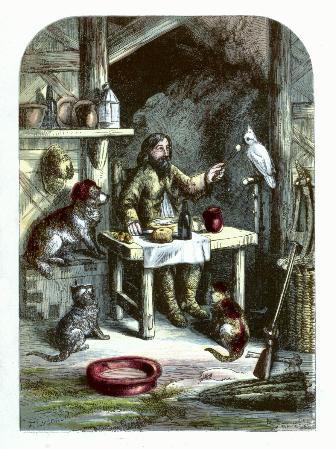 Robinson Crusoe at dinner with his little family