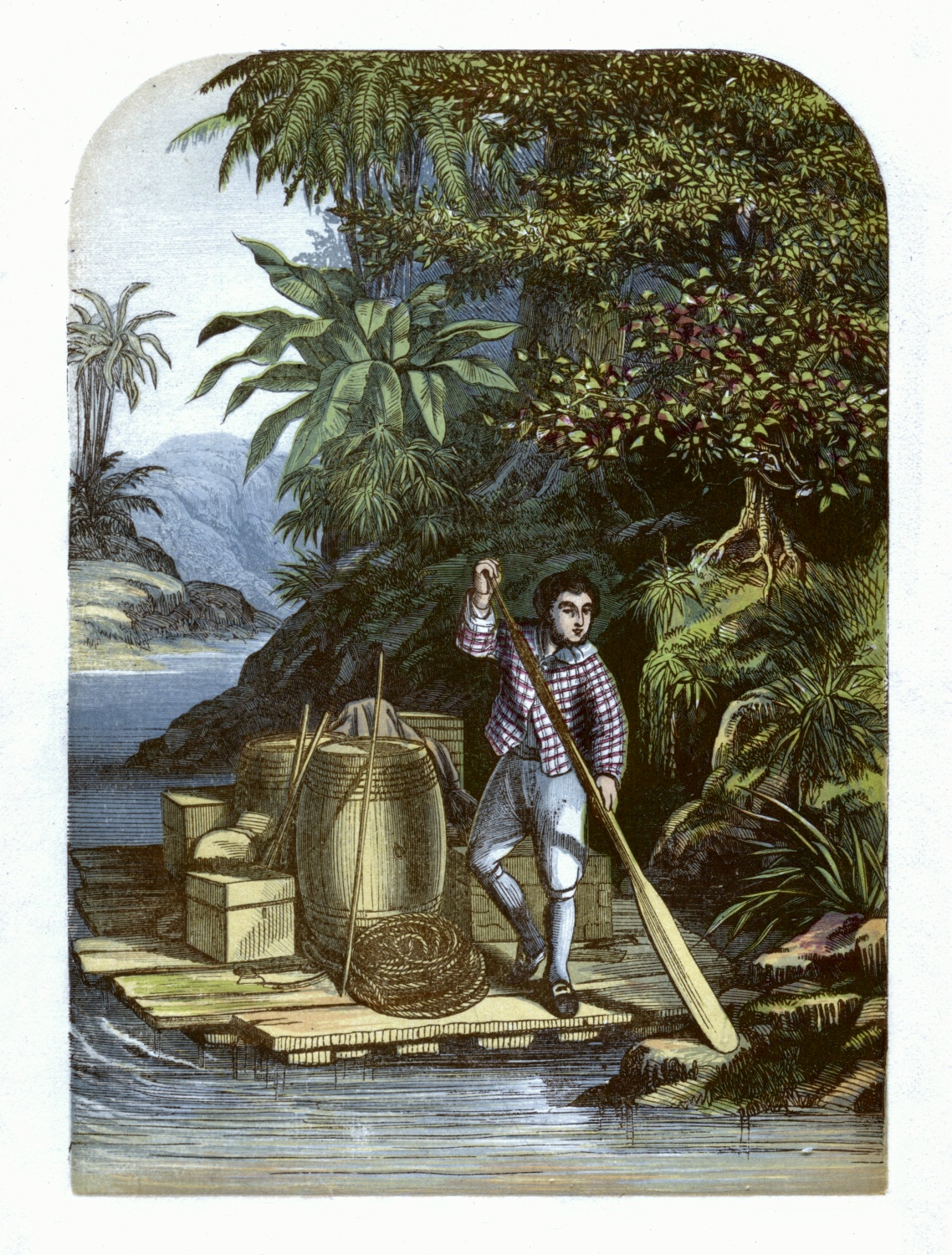 Robinson Crusoe by means of a raft saves many useful articles from the ship
