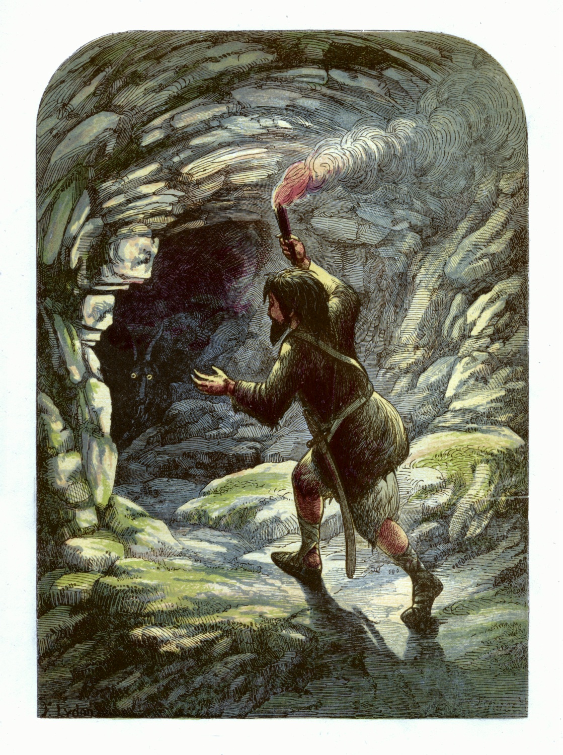 Robinson Crusoe frightened by a goat in a cave