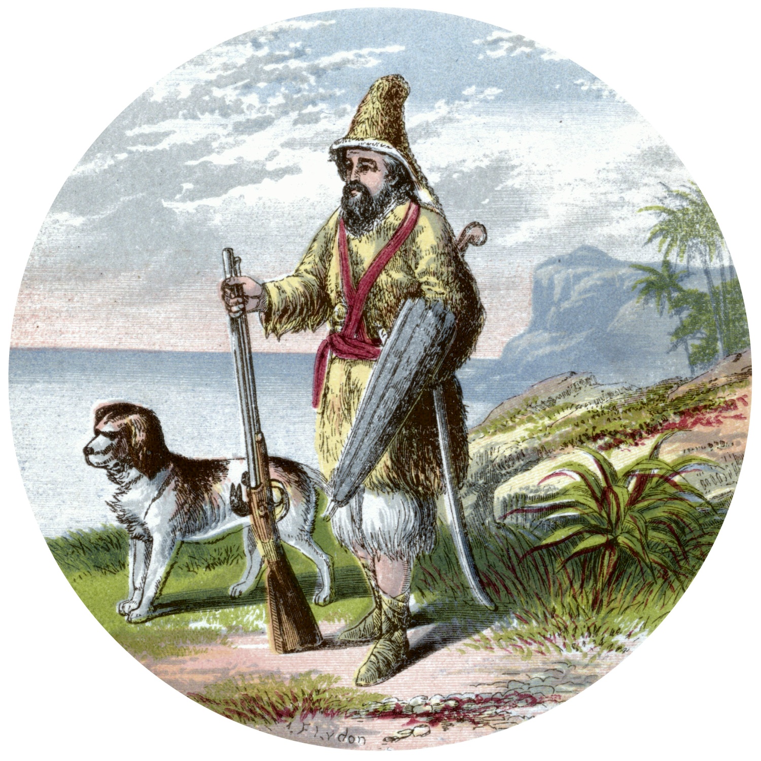 Title Page Detail - Robinson Crusoe with his dog and gun